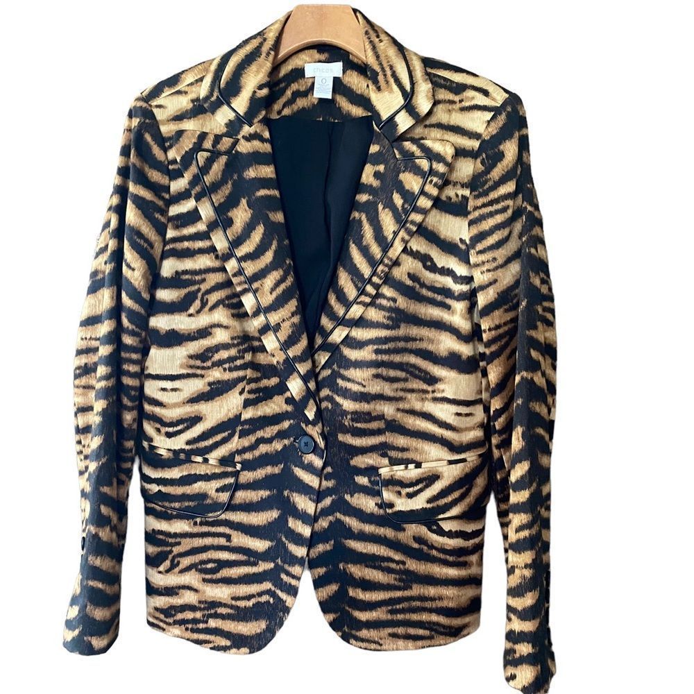 Chico’s 0=S/4 Black Leopard Print Button Front Lapel Button Cuff Career Blazer